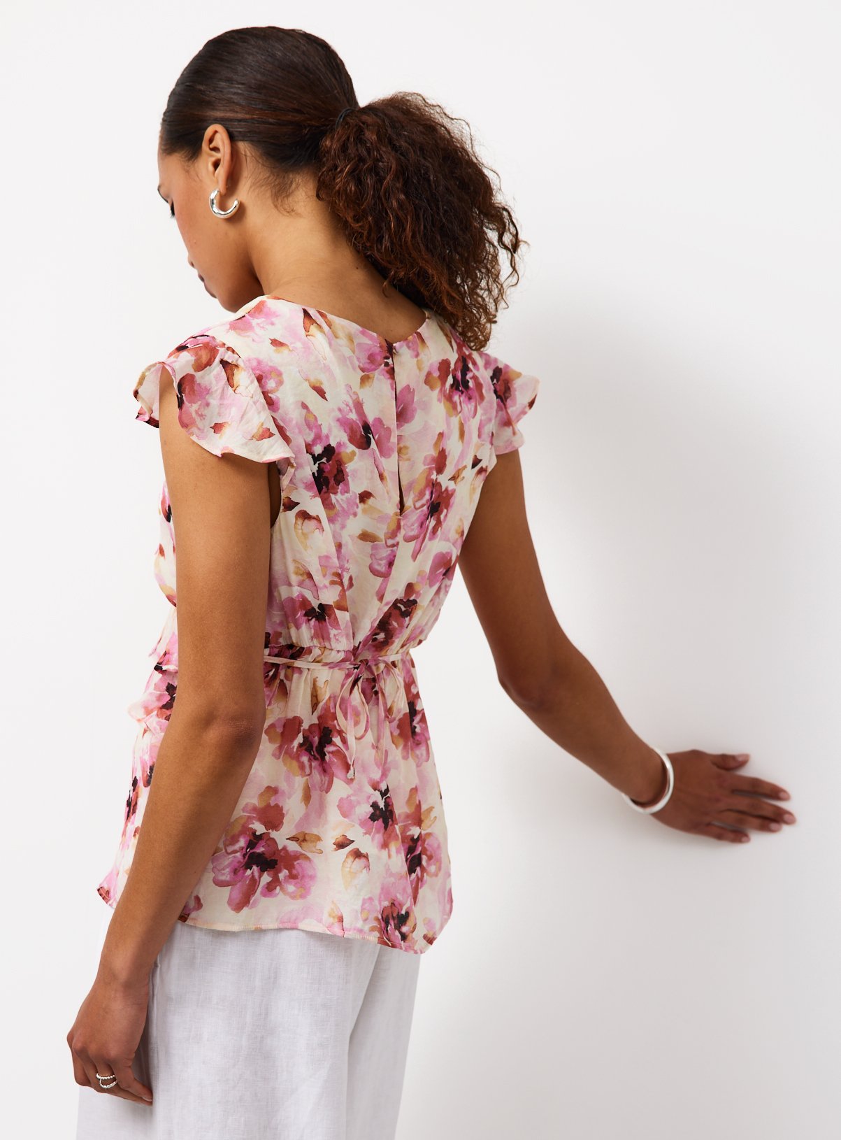 Pink Floral Print Ruffle Front Blouse 12 - Image 4 thumbnail